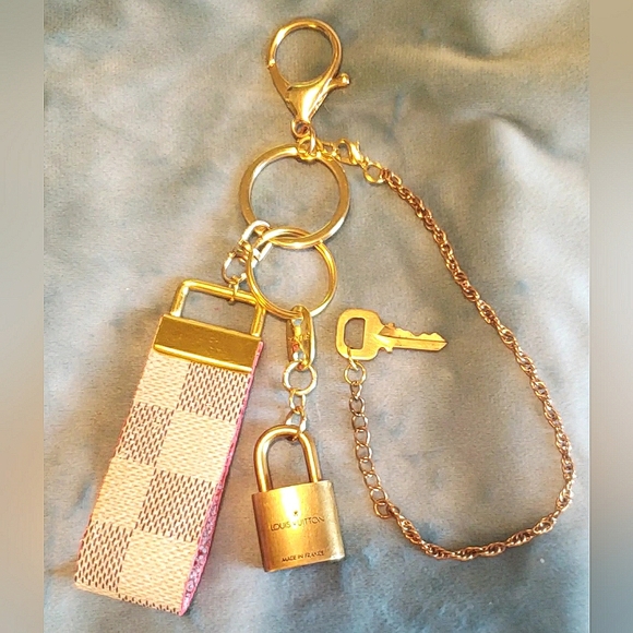 Artisan Accessories - Louis Vuitton Custom Damier Azure Bag Charm Keychain w/Brass LV Lock & Key